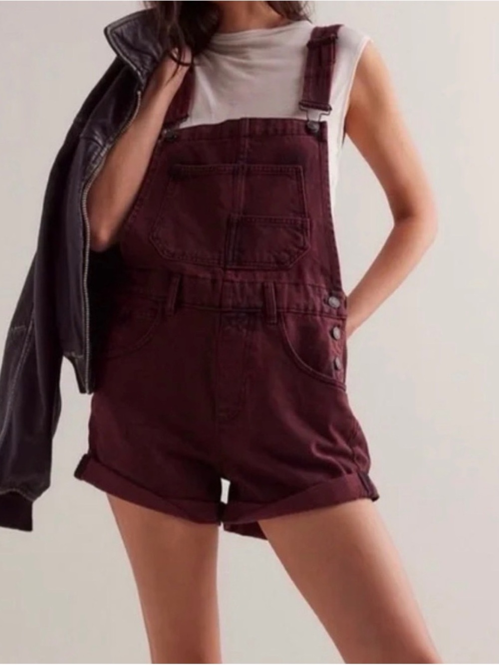Free People Women's Burgundy Denim Short Overalls